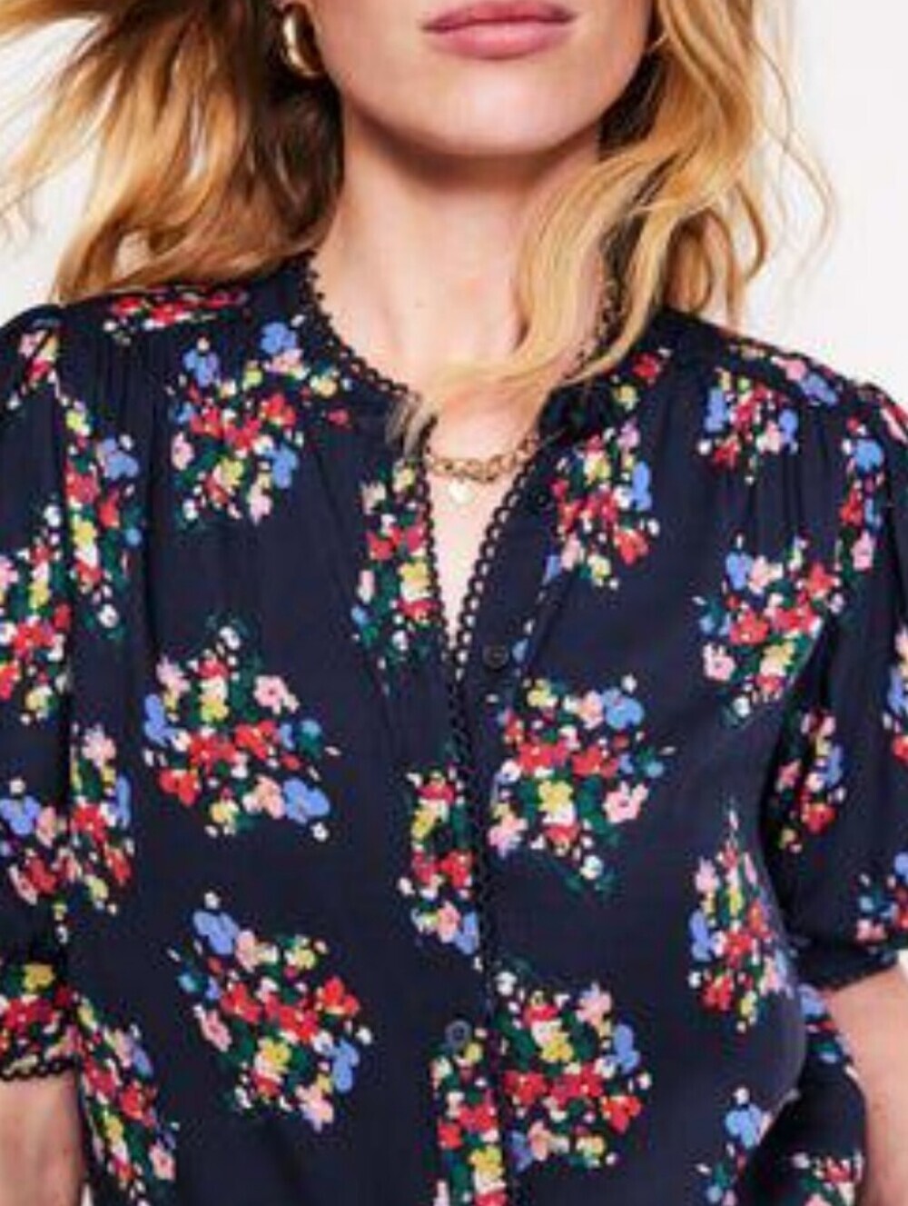 Boden Womens Top Navy‎ Floral Floaty Button-Up Blouse Sz 2 Soft Girl Clean Girl